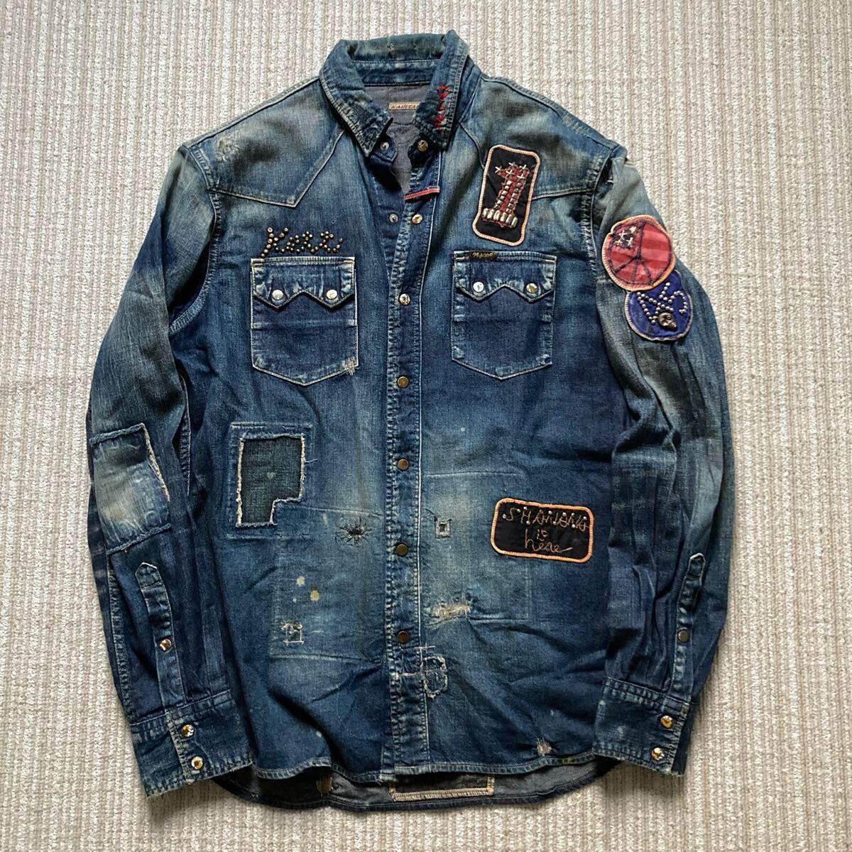 KAPITAL キャピタル カントリー ヴィンテージ加工 スタッズ ワッペン デニム シャツ拍卖