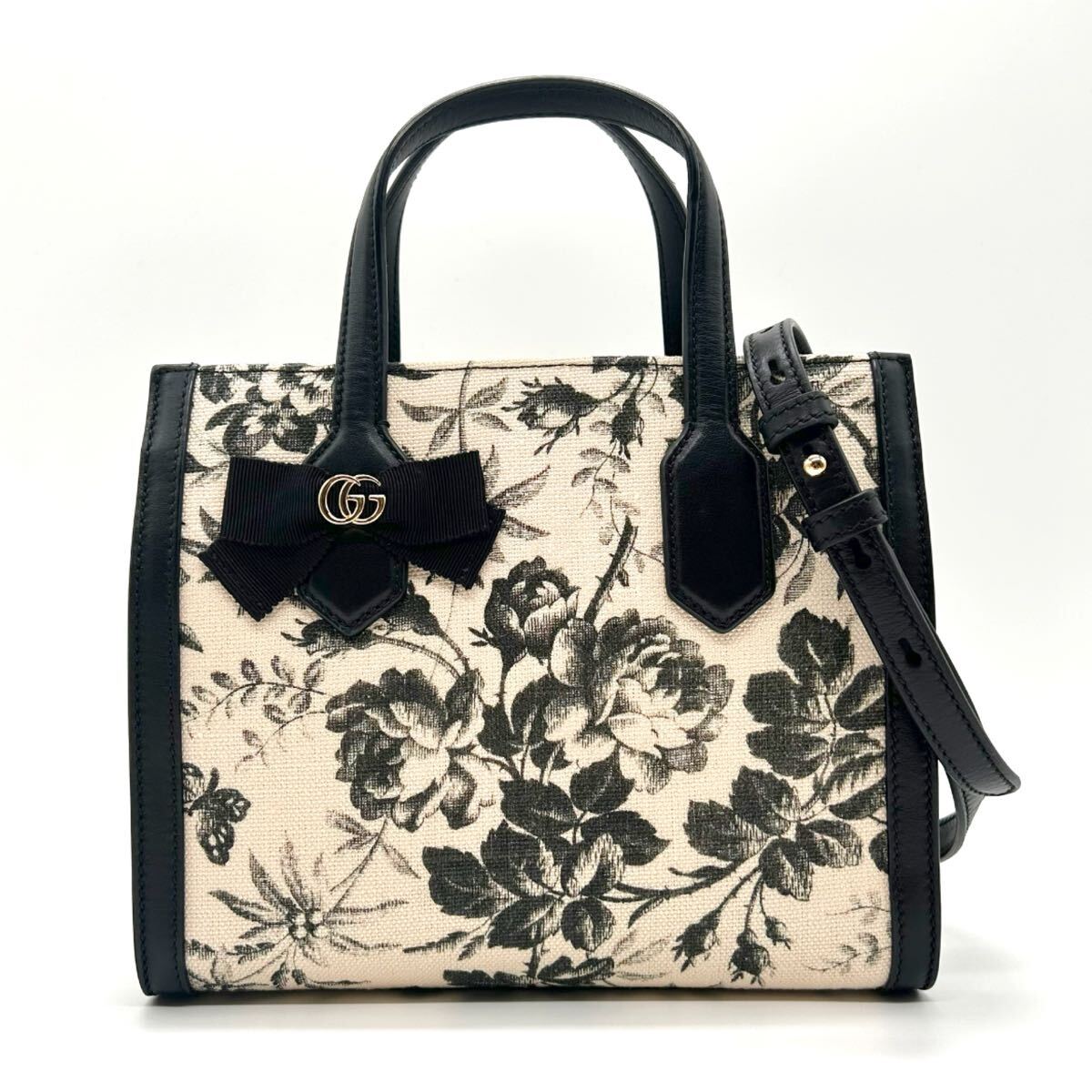 GUCCI GG リボン ハーバリウム 2way ショルダーバッグ ハンドバッグ トートバッグ 443089 キャンバス レザー ブラック ベージュ拍卖