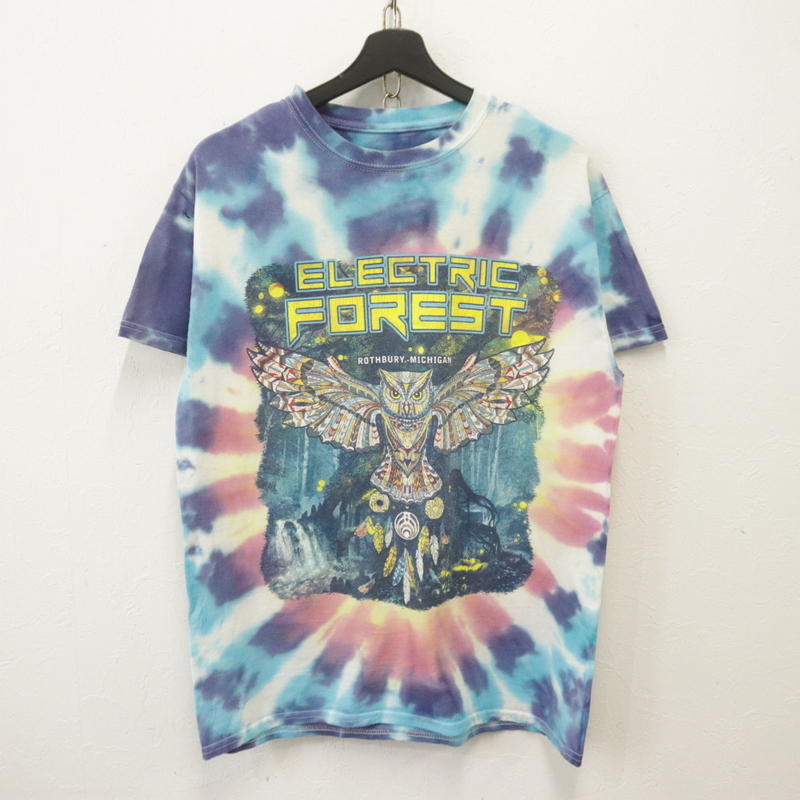 Q393 2000年代製 ELECTRICFOREST 半袖Tシャツ■00s 約Mサイズ ブルー 青 タイダイ アニマル アメカジ 古着 古着卸 オールド 激安 希少 検拍卖
