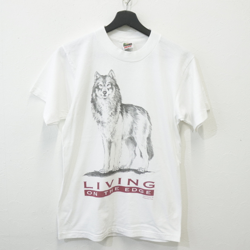 M524 90sビンテージ フルーツオブザルーム 半袖Tシャツ USA製■1990年代製 表記ボーイズ14サイズ 白 ホワイト アニマル ウルフ 古着 激安拍卖