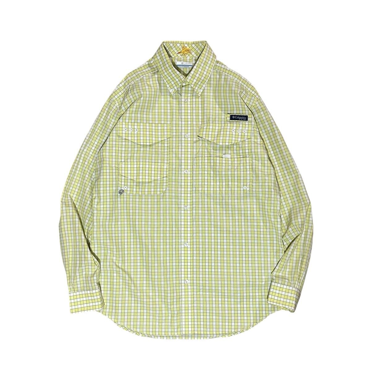 Columbia コロンビア PFG L/S フィッシングシャツ Mサイズ イエロー 黄色 チェック 長袖 ボタンダウン ルアー 刺繍 アウトドア ギア拍卖