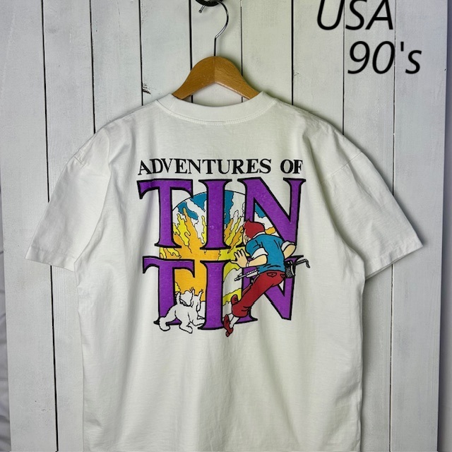 T●394 deadstock USA古着 90s TINTIN タンタンの冒険 前後プリントTシャツ L~XL 白 シングルステッチ オールド ヴィンテージ 美品拍卖