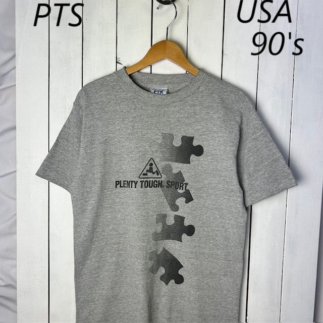 T●396 USA古着 90s USA製 PTS 両面ジグソーパズルTシャツ M グレー オールド ヴィンテージ アメリカ PLENTY TOUGH SPORT シングルステッチ拍卖