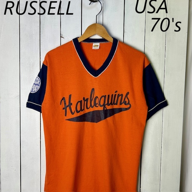 T●400 USA古着 70s RUSSELL USA製 切替え2トーン リンガーTシャツ L オレンジ×紺 オールド ヴィンテージ ラッセル シングルステッチ拍卖