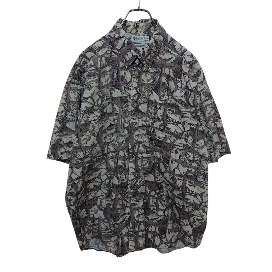 【Columbia】 90s 白タグ フィッシュ 総柄BDシャツ S-1589拍卖