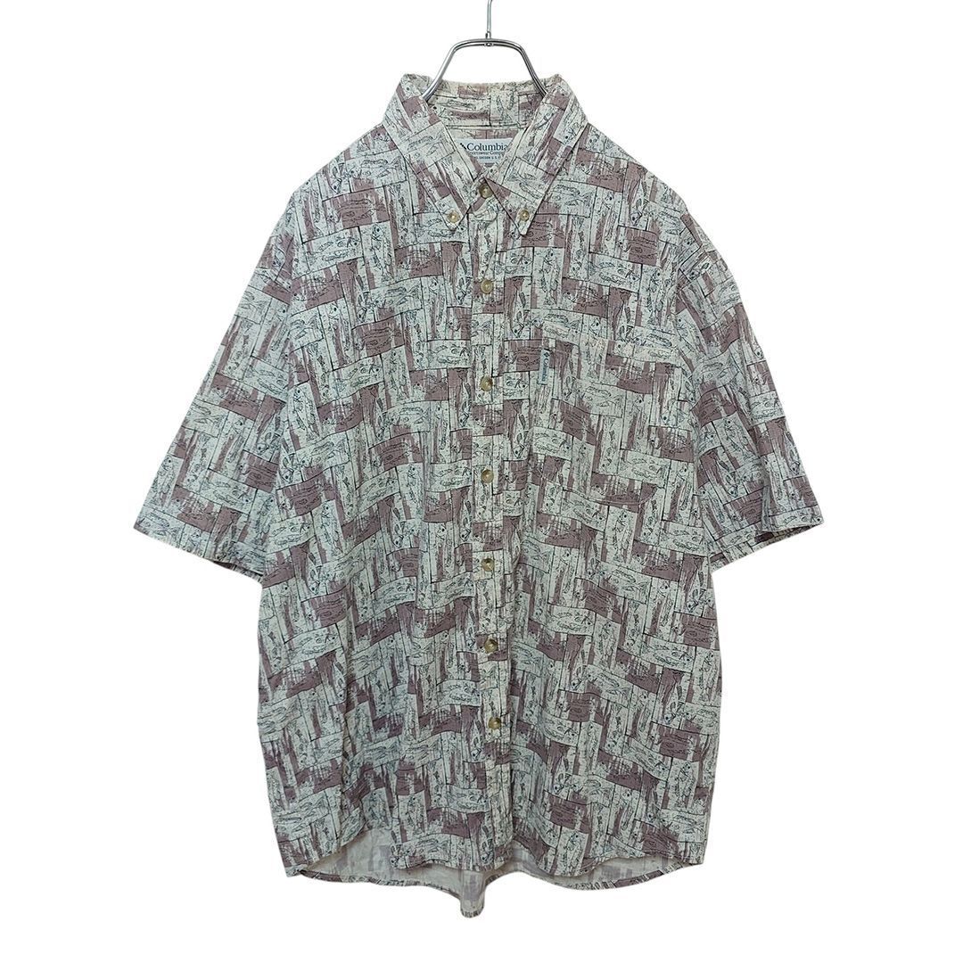 【Columbia】 90s 白タグ フィッシュ 総柄BDシャツ S-1585拍卖