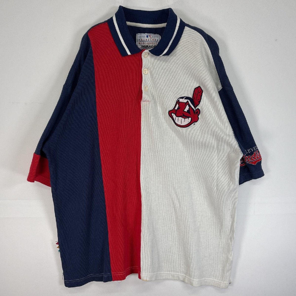 古着 ミラージュ MIRAGE 半袖 ポロシャツ ワンポイント ロゴ インディアンス MLB 3ボタン XXL ホワイト マルチカラー メンズ拍卖