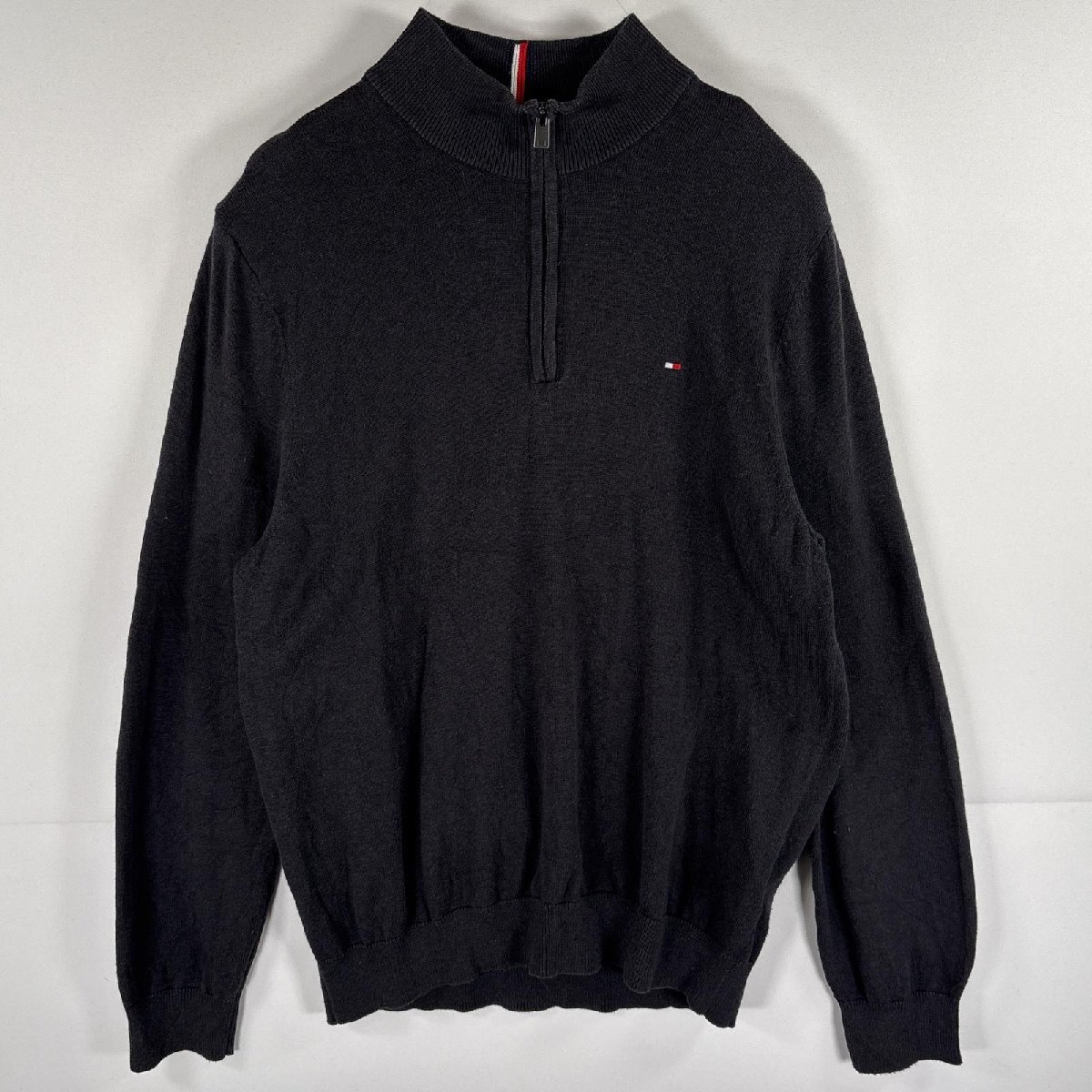 古着 トミーヒルフィガー TOMMY HILFIGER ニット ハーフジップ セーター ワンポイントロゴ 大きいサイズ XL ブラック メンズ拍卖