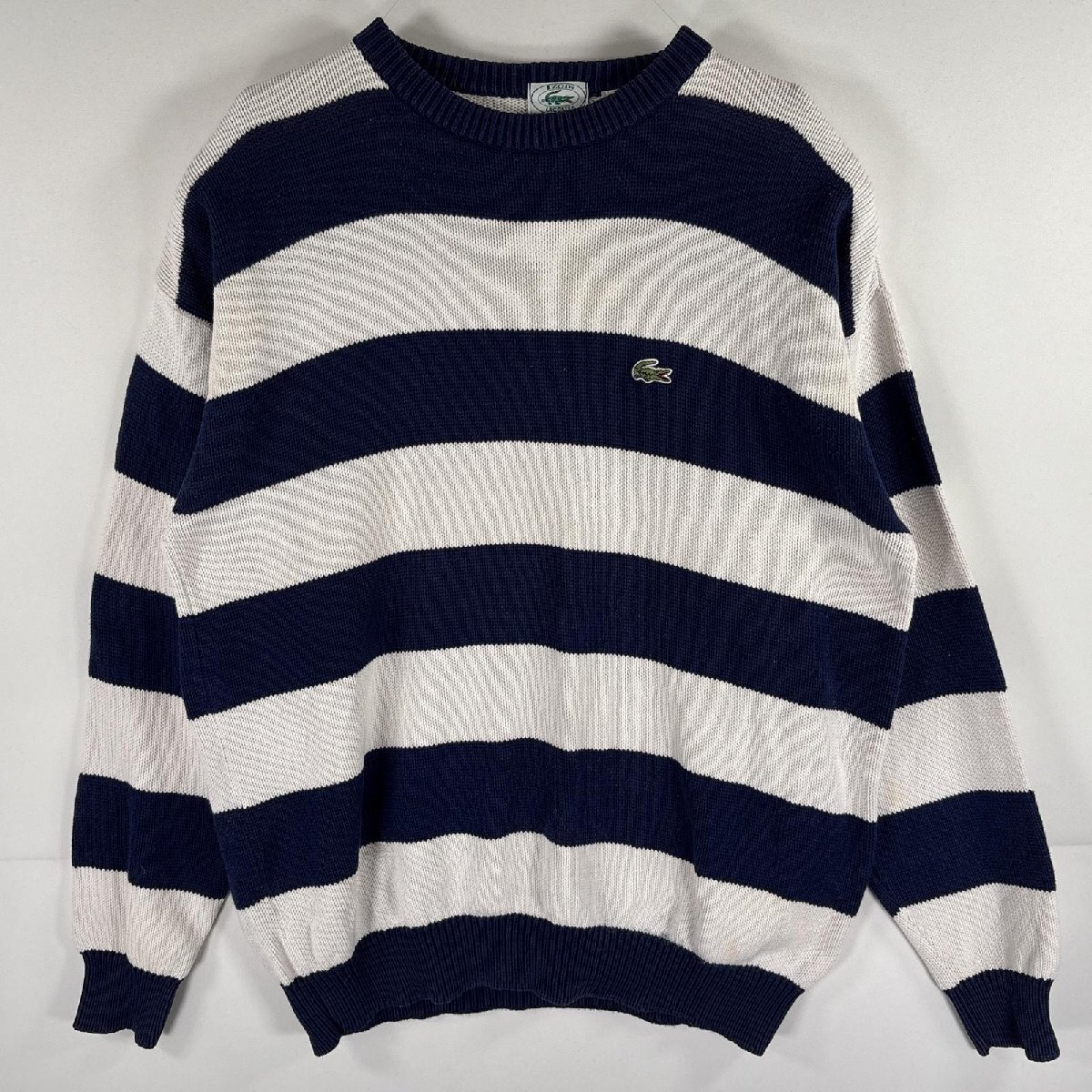 古着 90's/90年代 アイゾッドラコステ IZOD LACOSTE コットンニットセーター ワンポイントロゴ ボーダー 大きいサイズ XL ホワイト拍卖