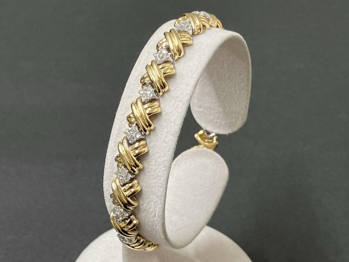 【簡易鑑定書付/クリーニング済】K18 総重量約21.2g 天然ダイヤモンド1.7ct 約19cm クロスデザイン ゴールド ブレスレット拍卖