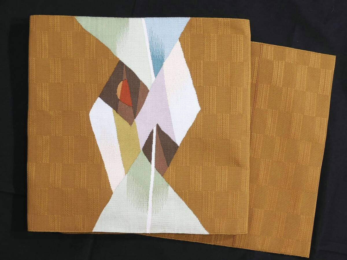 <銀の斧>正絹・手織り名古屋帯・柄部綴織・三越扱い品・松葉仕立て・和名 桑茶色拍卖