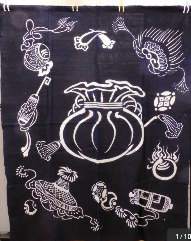 <銀の斧>出雲筒描・宝袋・吉兆文様・筒描き・地厚・明治期前後のお品・古藍木綿・現代のインテリア拍卖