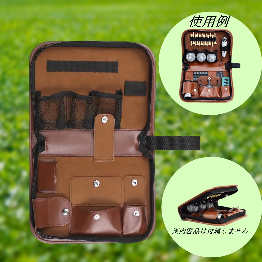 ゴルフツールバッグ ブラウン ゴルフ用品小物収納バッグ(ゴルフボール等画像参照)PUレザー 新品 未使用品拍卖