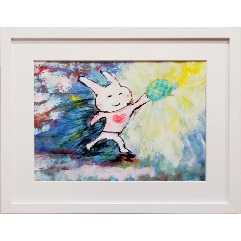 内野隆文 カミナリ 絵画 うさぎ 亀 ドローイング 素描 アクリル画 現代美術 カワイイ 額付 真作拍卖