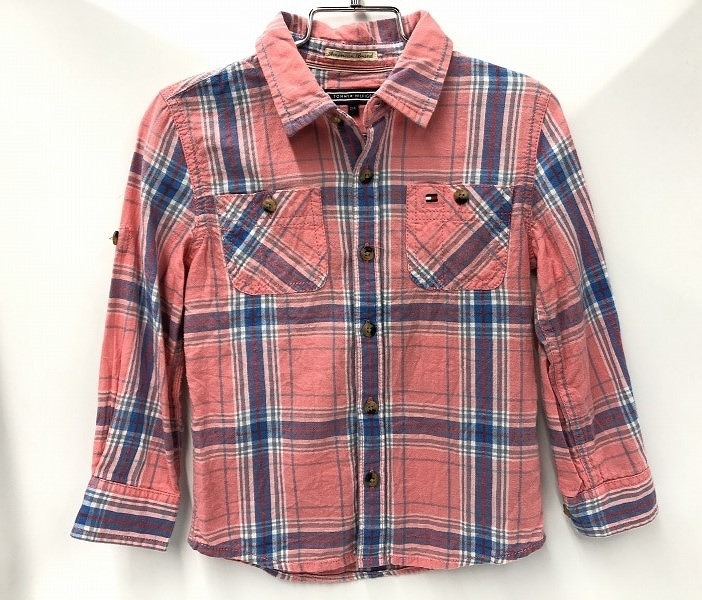 トミーヒルフィガー TOMMY HILFIGER キッズ 子供服 長袖シャツ ネルシャツ 104サイズ サーモンピンク系 チェック柄拍卖