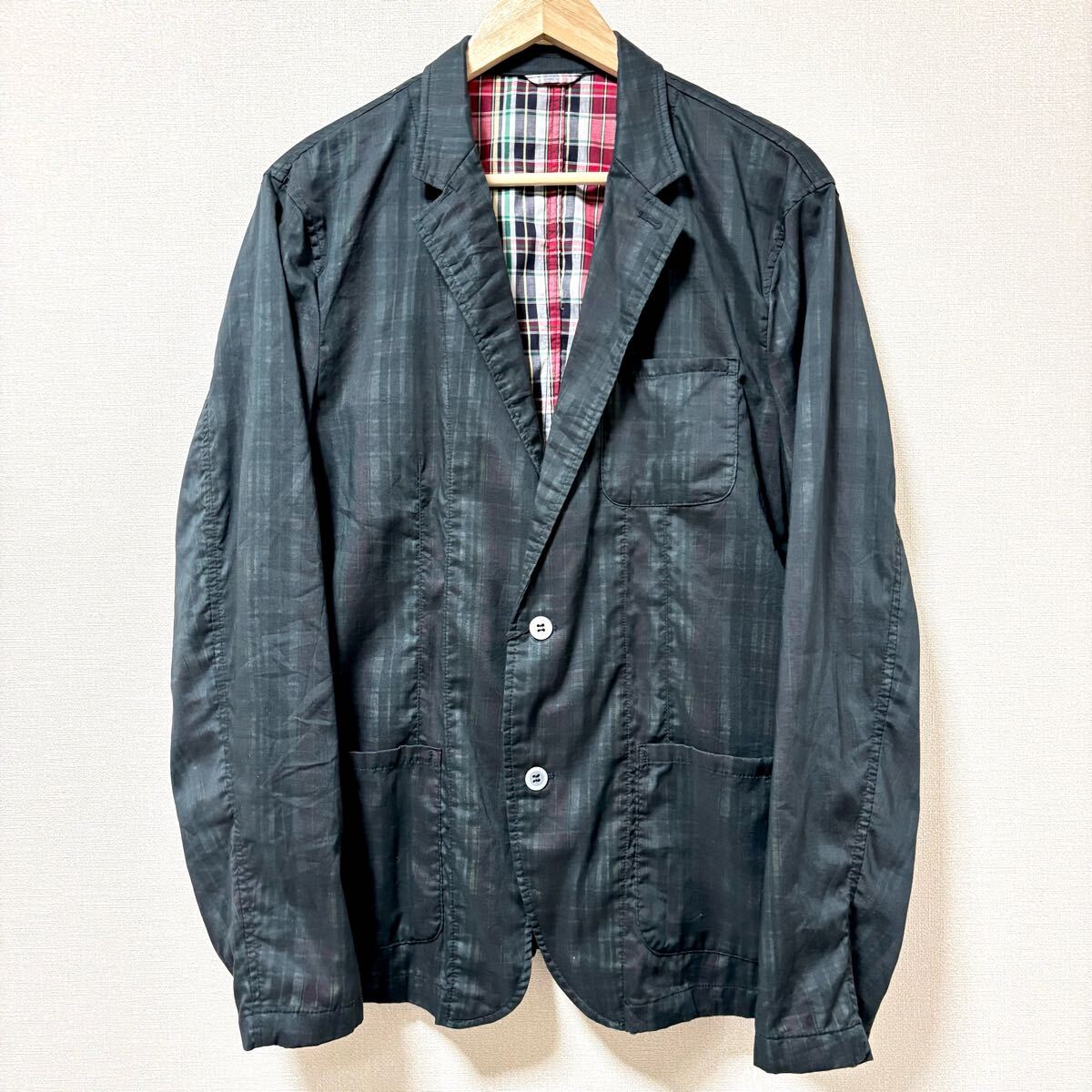 タグ付未使用◎大きいサイズ◎【Pluvious】テーラード ジャケット 黒 チェック 柄 コットン 春夏 カジュアル メンズ サイズLL/Y30293SS拍卖