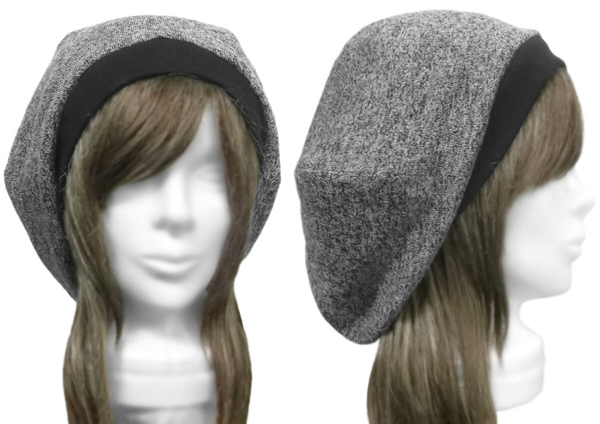 ◇送料無料◇ ハンドメイド◆ゆったりルーズ・リブ付ベレー帽◆ハーフリネンガーゼニット/グレー×ブラック ◇小顔効果・オールシーズン◇拍卖