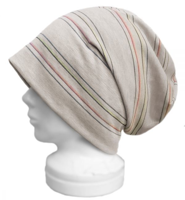 ◇送料無料◇ ハンドメイド◆ルーズワッチキャップ◆綿麻ボーダー ジャガード織ニット/ナチュラルmix ◇ゆったりサイズ・小顔効果◇拍卖