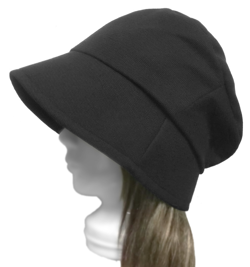 ハンドメイド◆ゆったりトップ・つば広バケットハット◆変り織ハーフリネンニット/ブラック ◇紫外線対策・小顔効果・オールシーズン◇拍卖