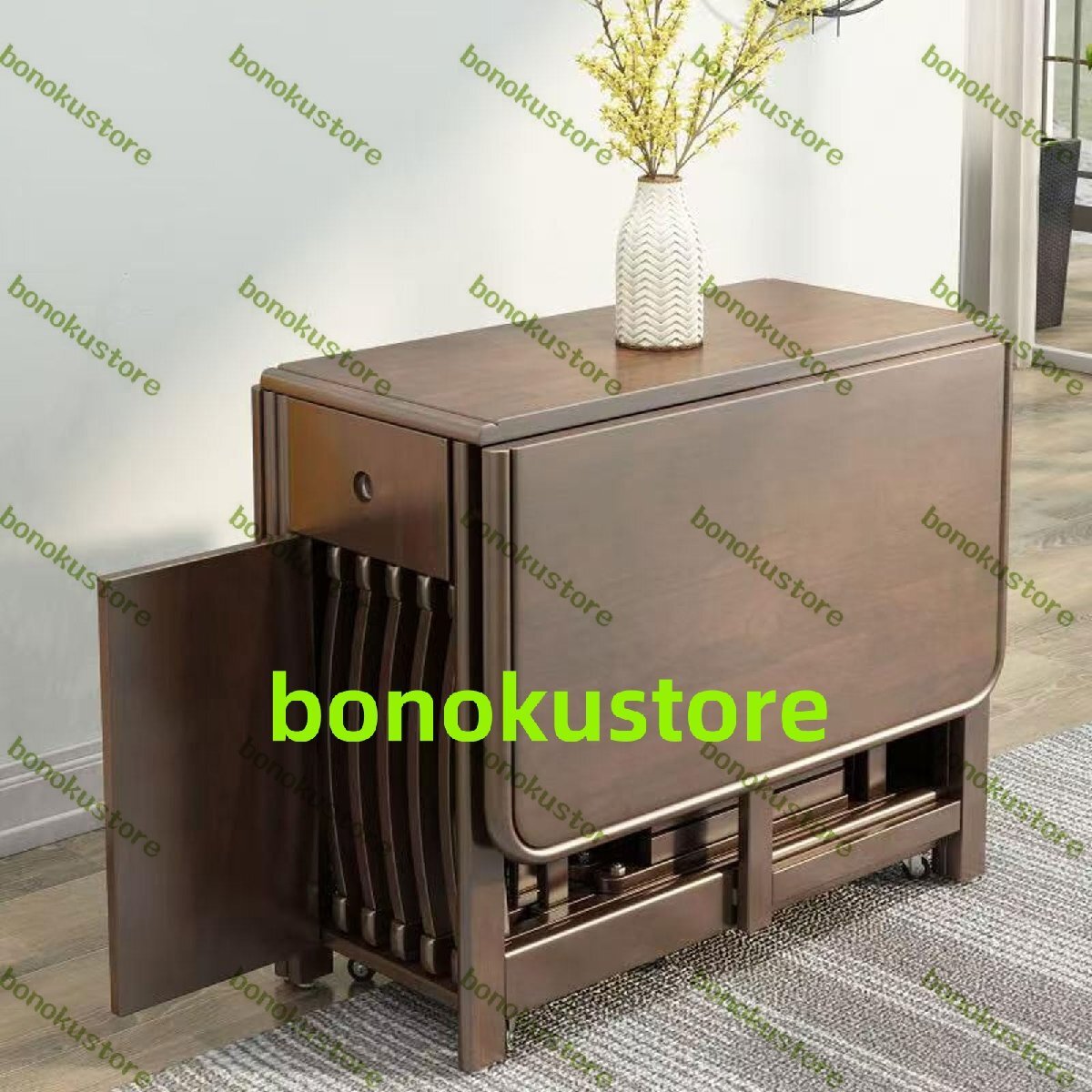 折りたたみ式ダイニングテーブルと折りたたみ式チェア4脚セット 130cm伸長式無垢材ドロップリーフテーブル ホイール付き 省スペース拍卖