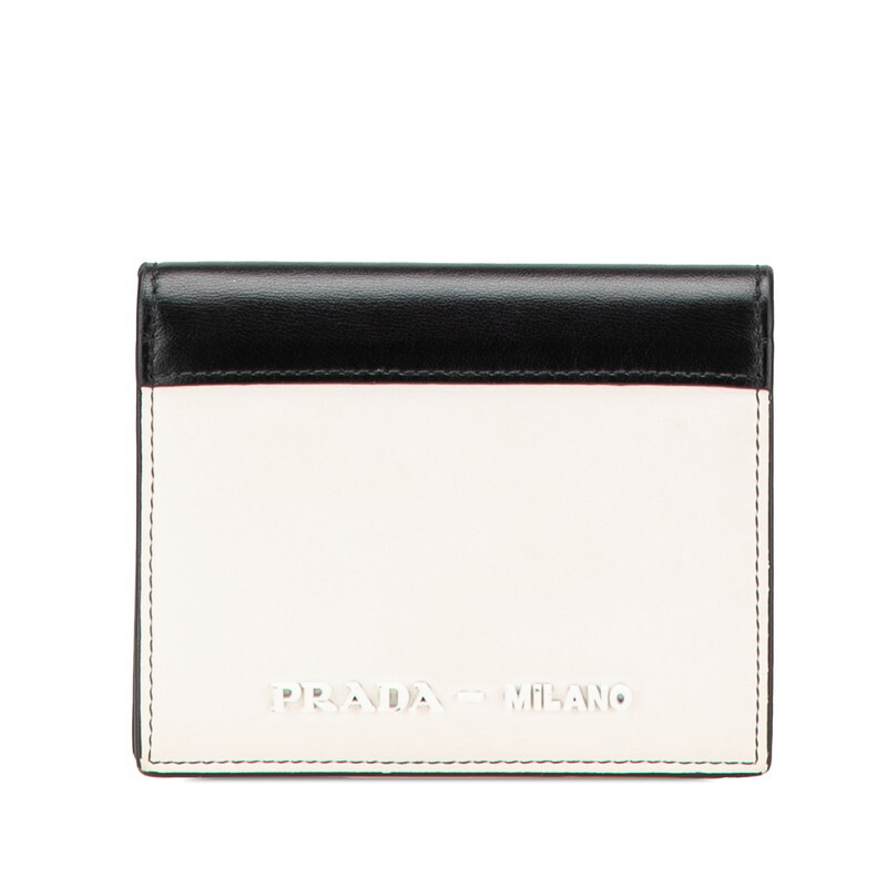 プラダ 二つ折り財布 ホワイト ブラック レザー レディース PRADA 【中古】拍卖