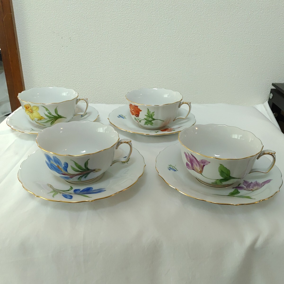 MEISSEN マイセン 二つ花 ベーシックフラワー カップ&ソーサー 4客 アフタヌーンティー コーヒー 0512-G3-TA4拍卖