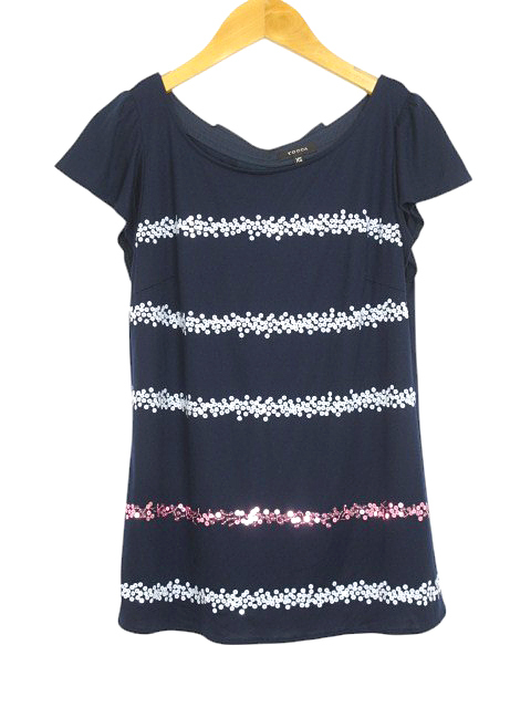 トッカ TOCCA ブラウス カットソー スパンコール装飾 半袖 オーガンジー切替 リボン ネイビー size XS レディース拍卖
