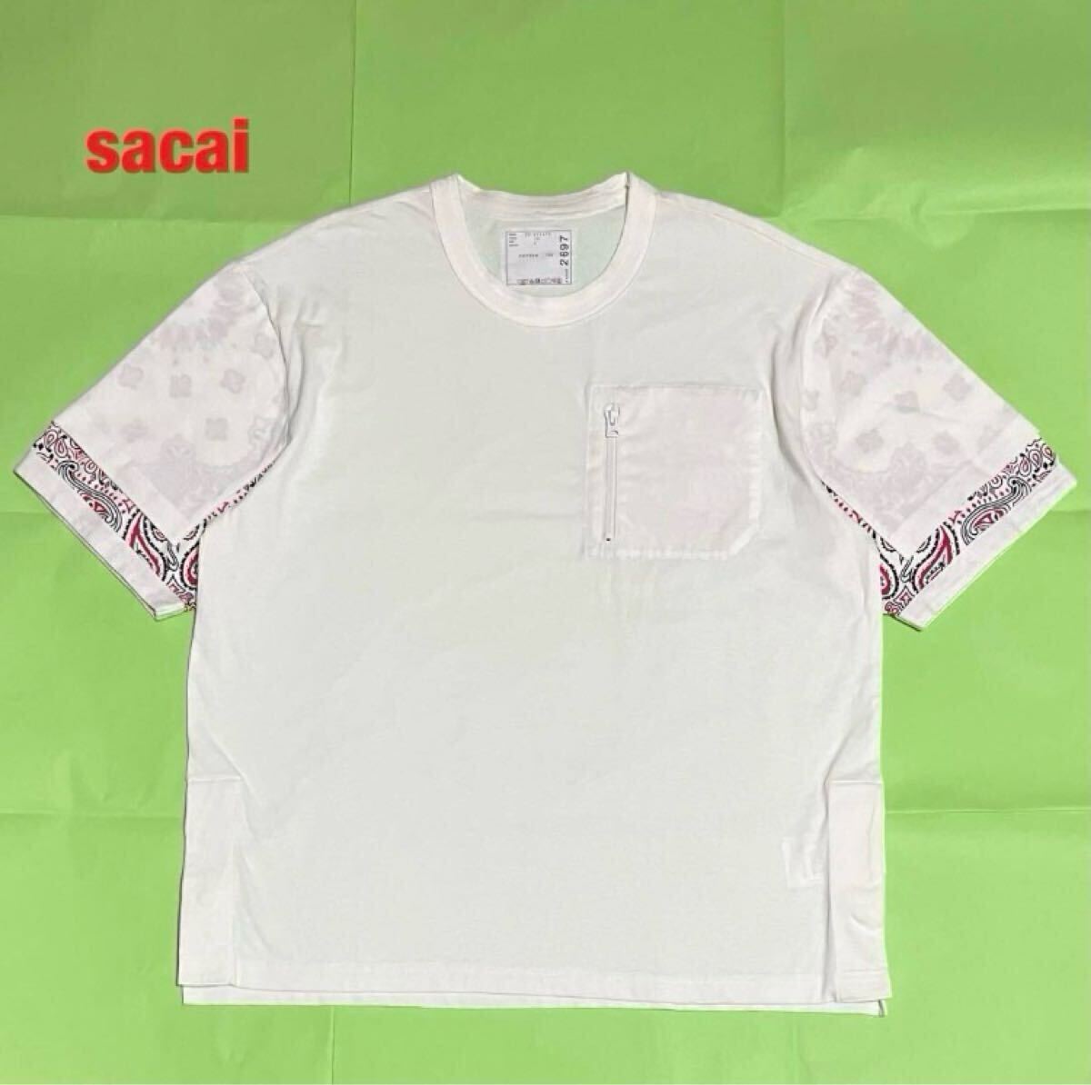 【希少】sacai サカイ バンダナスリットTシャツ オーバーサイズ クルーネック 袖デザイン 胸ポケット ペーズリー柄 22-02697L拍卖
