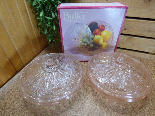 ま723.【2点セット】デザートBOX Bulky バルキー 東洋ガラス ピンク レトロ フタ付き 拍卖