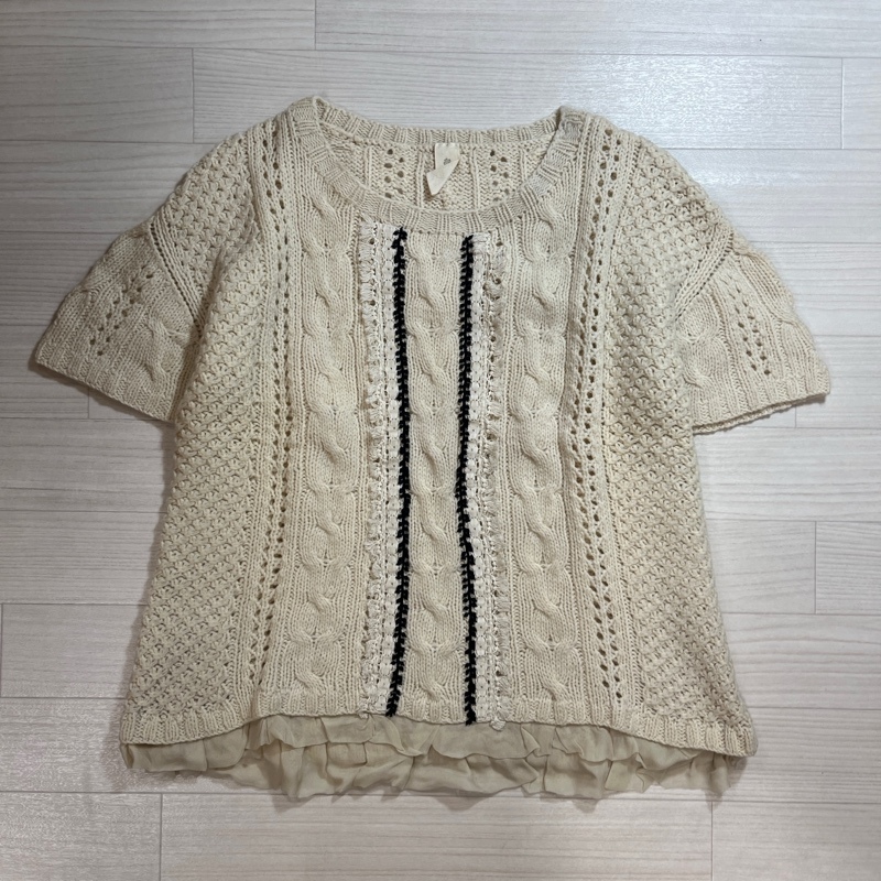 ※Balcony and Bed/バルコニーアンドベッド/ケーブル編みニット×シルクレース S/S プルオーバー/半袖ニット/アイボリー/異素材ミックス拍卖