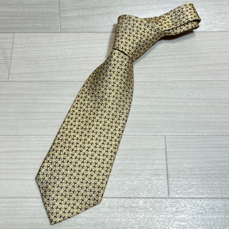 GUCCI/グッチ/イタリア製/ホースビット刺繍/シルク100%/ネクタイ/イエロー系/総柄拍卖