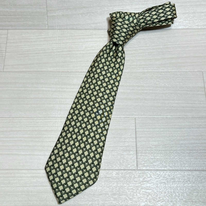 HERMES/エルメス/フランス製/金具格子柄/シルク100%/ネクタイ/イエロー系/総柄拍卖