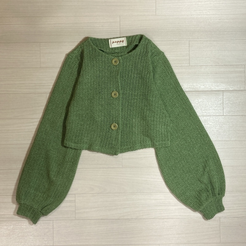 poppy tokyo/ポピートーキョー/ノーカラー/ボリュームスリーブ/クロップドカーディガン/ショート丈/ニットカーディガン/フリー/グリーン拍卖