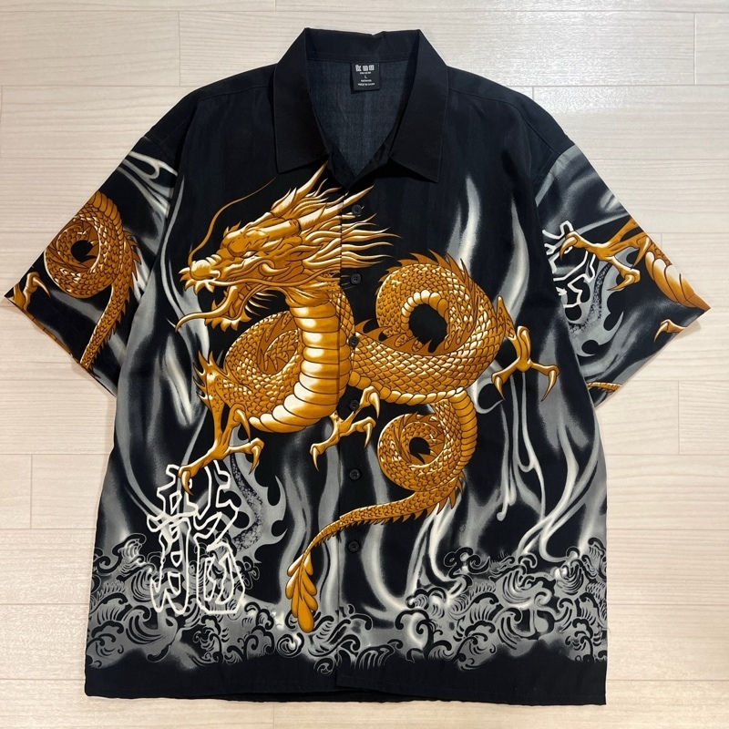 knu gear/龍×フレイム/全面プリント/ボックスシルエット/半袖シャツ/ポリシャツ/90s~00s/Y2K/ゆったりシルエット/Lサイズ拍卖