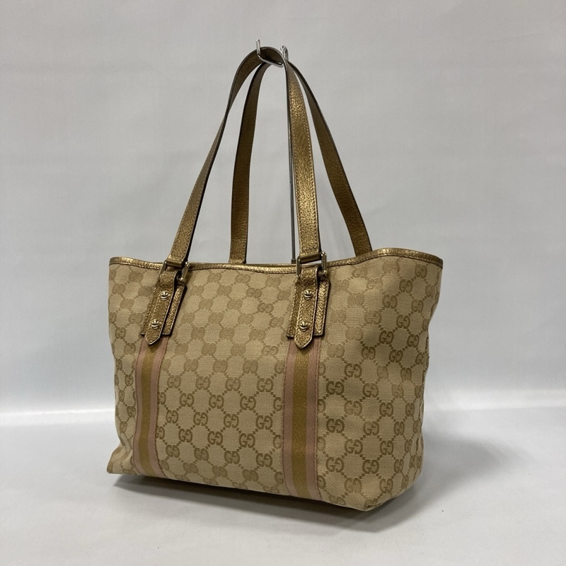 GUCCI/グッチ/GGキャンバス×ストライプライン/トートバッグ/セミショルダーバッグ/ゴールドコーティングレザー/437396・002404/イタリア製拍卖