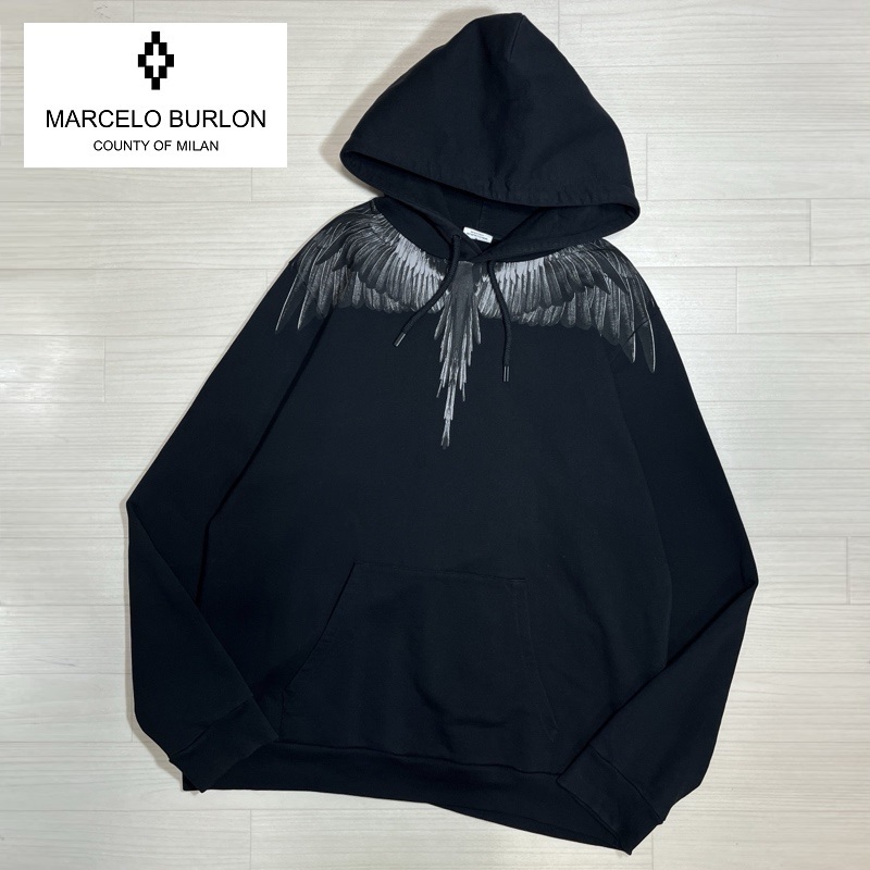 Marcelo Burlon/マルセロバーロン/ポルトガル製/フェザープリント パーカー/CMBB007R20FLE003/ビックシルエット/ブラック/XXLサイズ拍卖