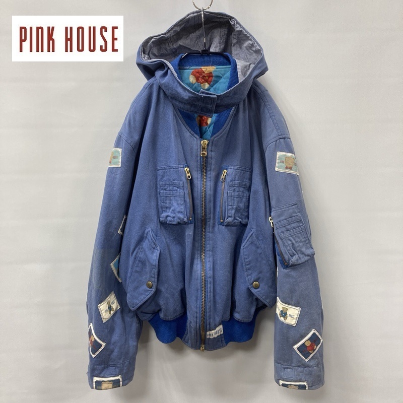 PINK HOUSE/ピンクハウス/裏地オリジナルテディベアプリントキルティング/フーデッドワッペンブルゾン/中綿/着脱フード/バックロゴプリント拍卖