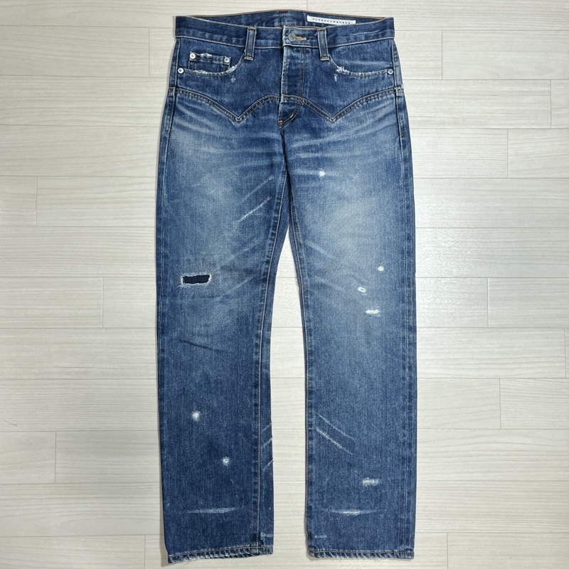 sunaokuwahara/スナオクワハラ/ダメージリペア加工 ストレートデニムパンツ/ハードクラッシュ加工/ウエスタン調切り替えデザイン拍卖