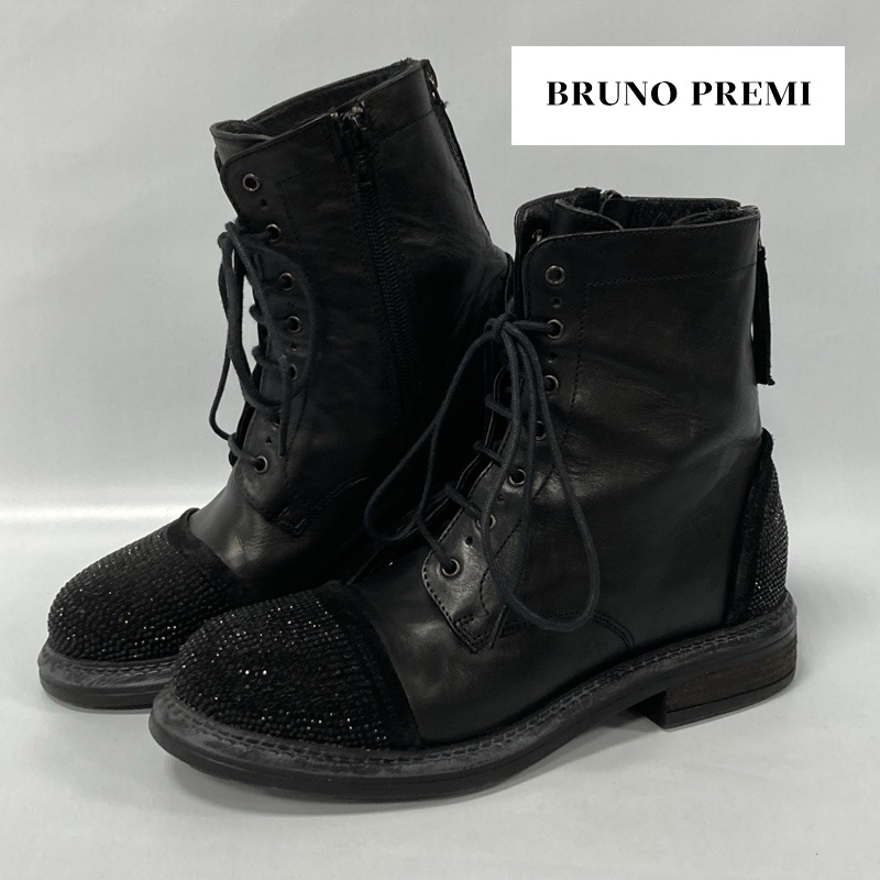 BRUNO PREMI/ブルーノプレミ/サイド×バックジップ/ストレートチップ/ラインストーン/レースアップブーツ/ショートブーツ/サイズ38拍卖
