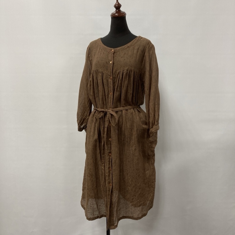 SOIL/ソイル/ウールガーゼ フローラルパターン ギャザーワンピース/サイドポケット/ブラウン/花柄プリント/ウエストリボン/フリーサイズ拍卖