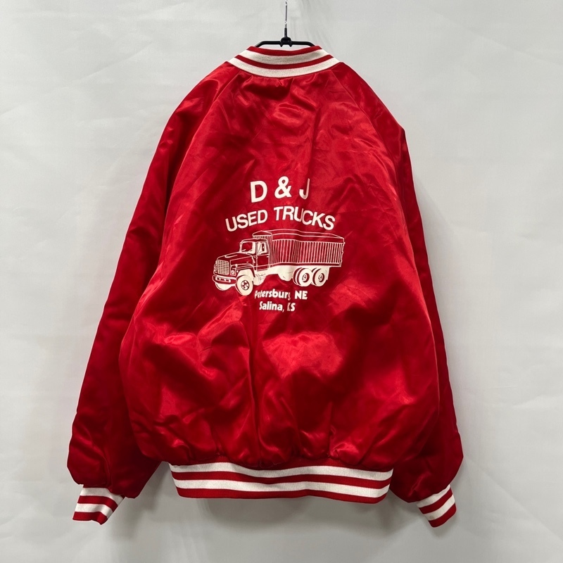 King Louie/キングルイ/80s/USA製/紺タグ/両面プリントナイロンスタジアムジャンパー/スタジャン/企業物プリント/Lサイズ/レッド/中綿拍卖