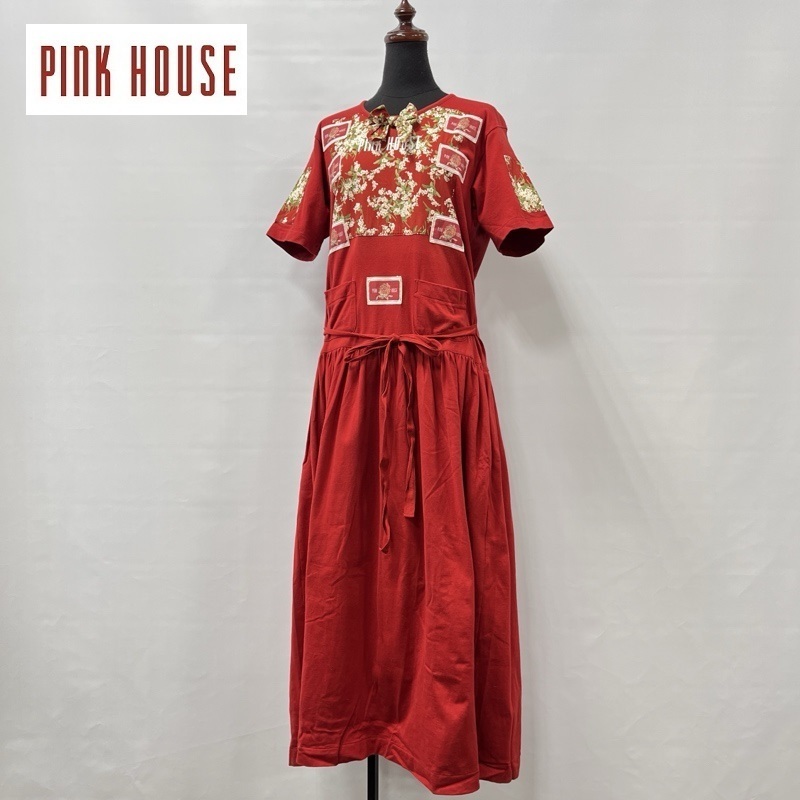 PINK HOUSE Collection/ピンクハウス/ワッペンデザイン×リボンモチーフ×小花柄プリント/ギャザースカート/半袖マキシワンピース/レッド拍卖