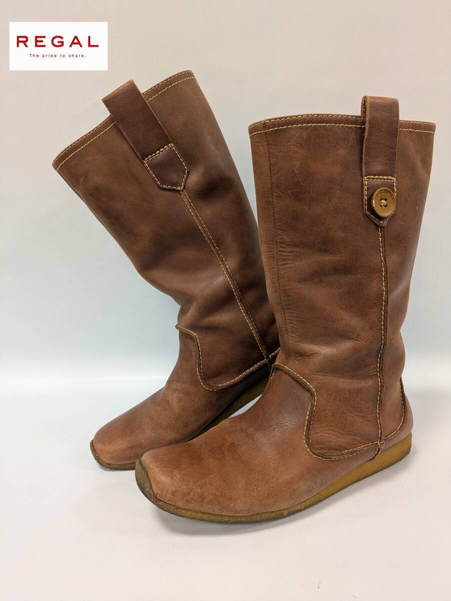 REGAL/リーガル/クレープソール/ボタンデザイン/ペコスブーツ/本革/レザー/ブラウン/23.5cm/ショートブーツ拍卖
