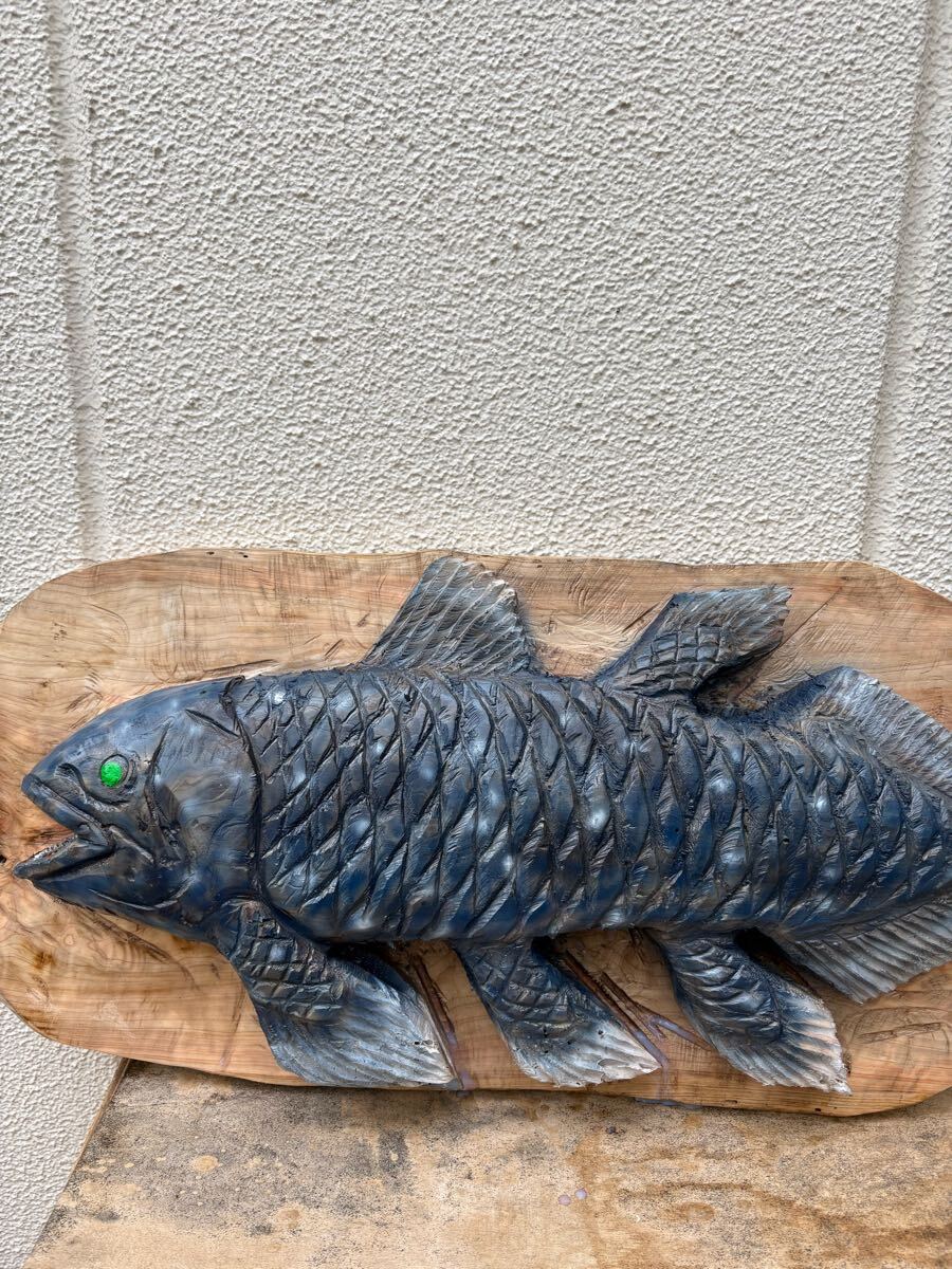 シーラカンス 古代魚 チェンソーアート高さ40センチ横76センチ 置物 檜 木彫り 彫刻 魚 壁掛け オブジェ拍卖