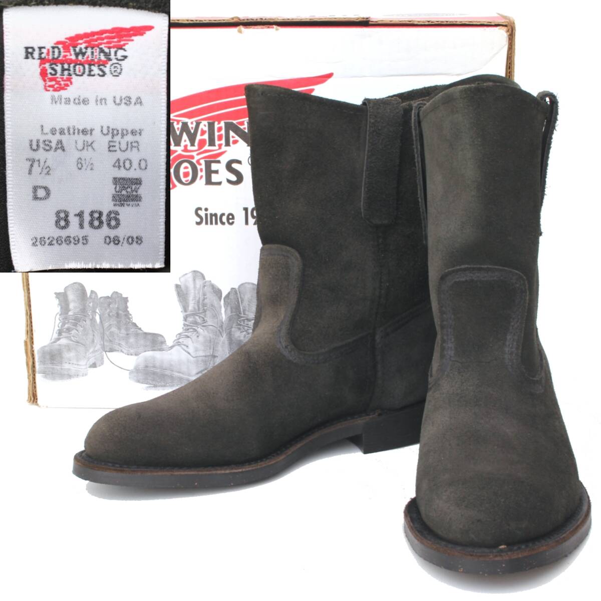 (51510)超希少デッドストックREDWING8186レッドウィング7.5D 25.5cm(ペコスブーツ黒ラフアウト未使用スエード2008年製ビームス別注ブラック拍卖