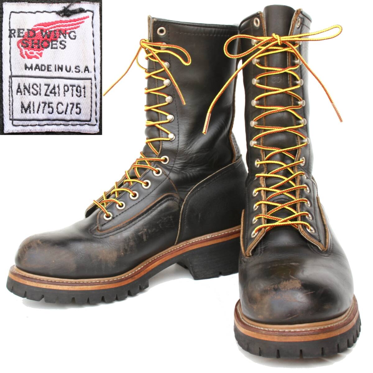 (51524)極上茶芯1997年製REDWING2210レッドウィング9D約27cm(ロガーブーツ スチールトゥ黒ブラック旧PT91刺繍羽タグ旧羽タグ ヴィンテージ)拍卖