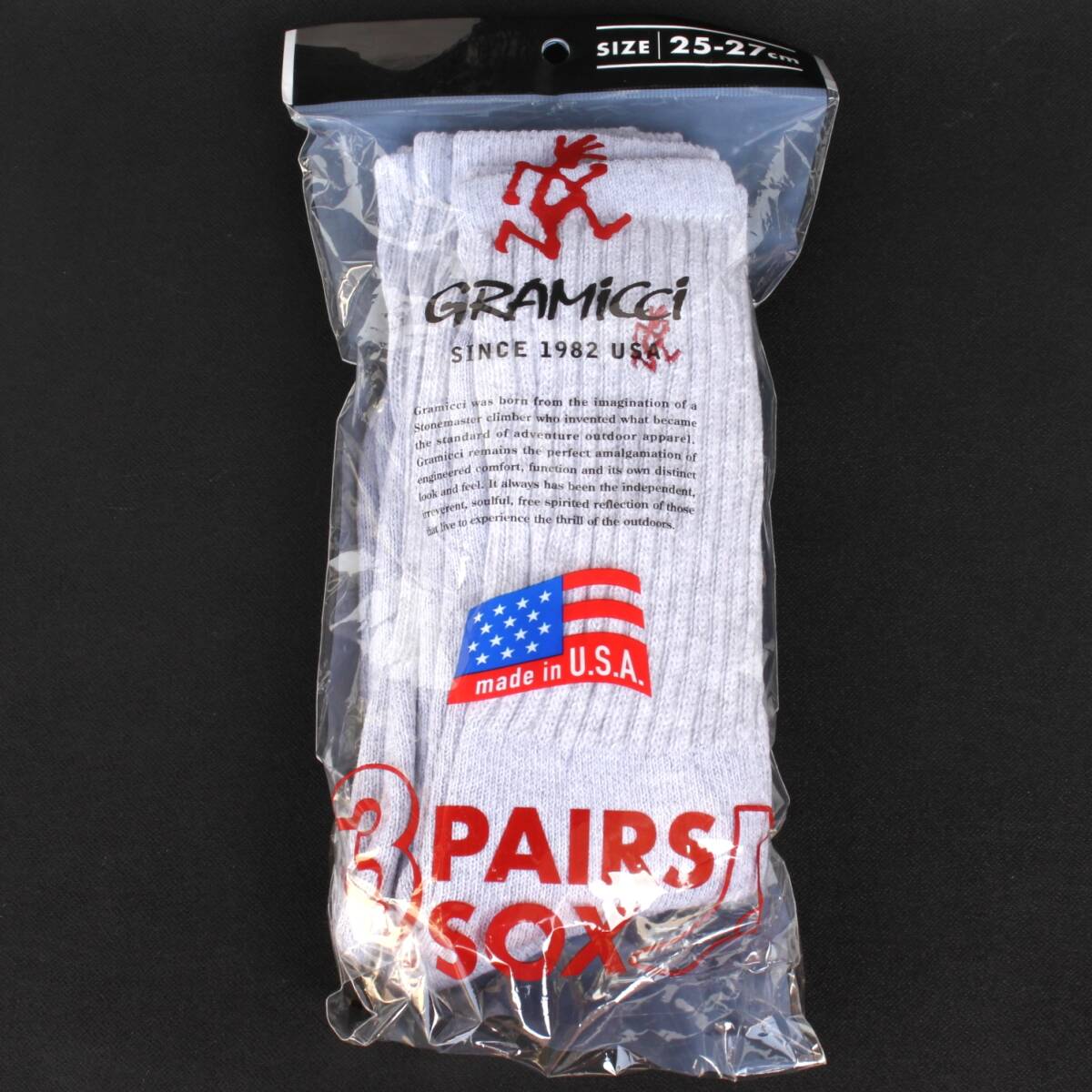 (51818)未使用 新品 GRAMICCI グラミチ 3 PAIRS SOX ロング グレー MADE IN USA アメリカ製 3Pack 3足セット ワンポイント刺繍拍卖