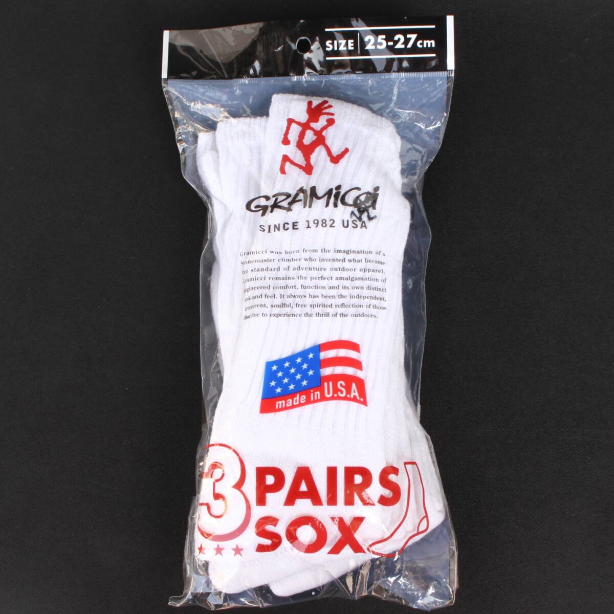 (51818)未使用 新品 GRAMICCI グラミチ 3 PAIRS SOX ロング ホワイト MADE IN USA アメリカ製 3Pack 3足セット ワンポイント刺繍拍卖