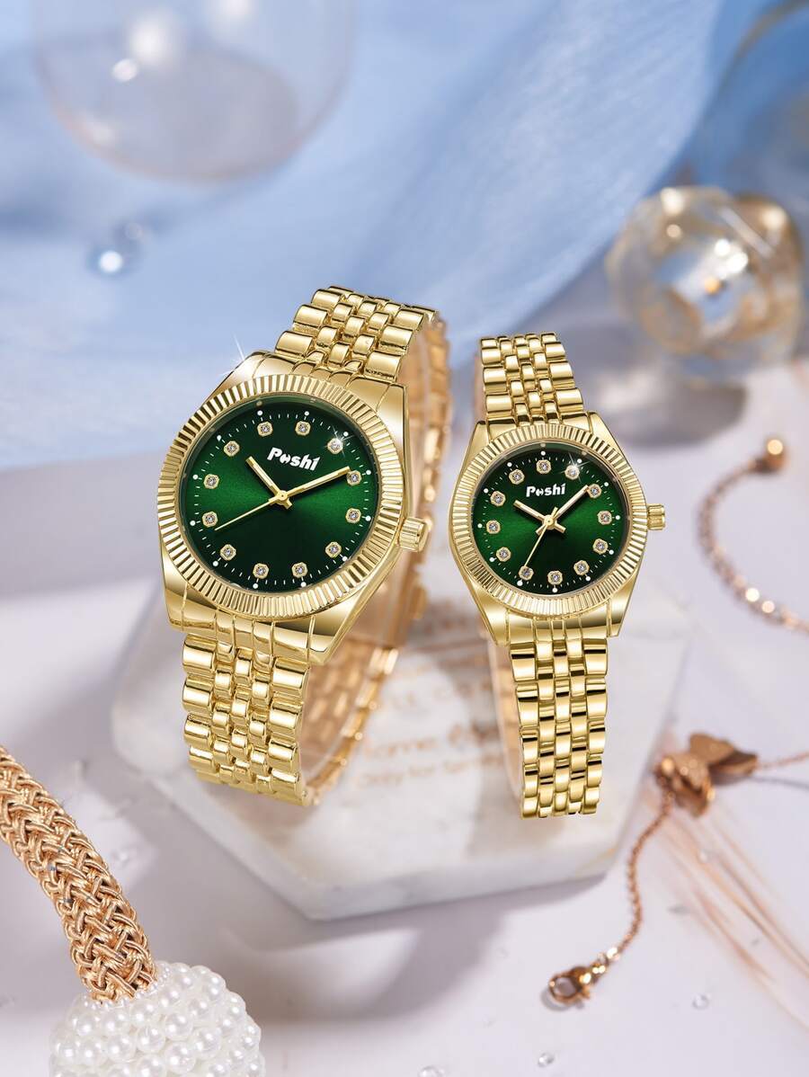 腕時計 レディース セット ステンレススチールバンド カップルクォーツ腕時計 2個セット、ラインストーン装飾、カジュアルスタイル拍卖