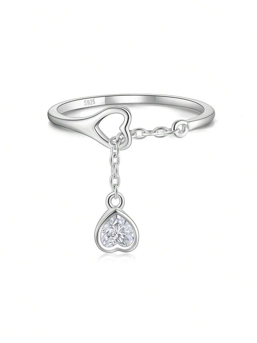 リング レディース シングル 女性用エレガントジュエリーギフト、シングルダングルドロップキュービックジルコニアハートチャーム付き拍卖